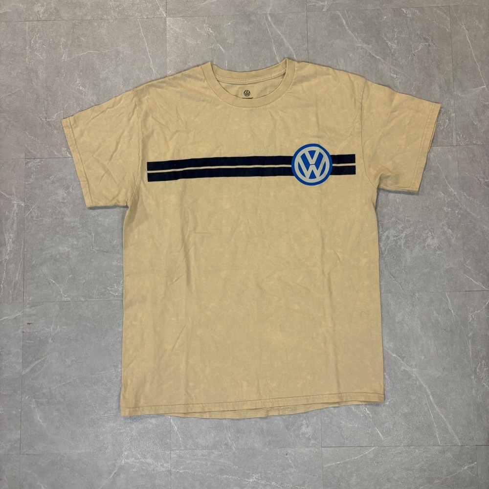 Volkswagen VW Logo Graphic T-Shirt Tan Acid Wash Racing Stripe Mens Large
